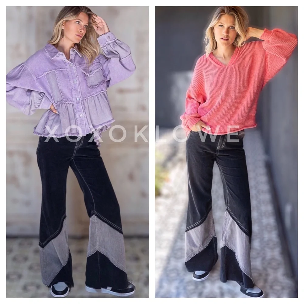 POL Corduroy Pants Retro High Waist Color Blocked - Picture 3 of 16